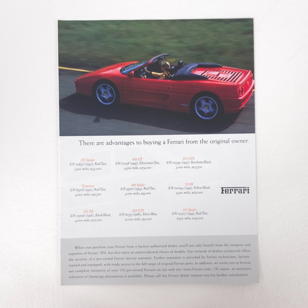 Ferrari Advertising Print Ad 1998 355 Spider 512M 456 GT Factory Certified Promo